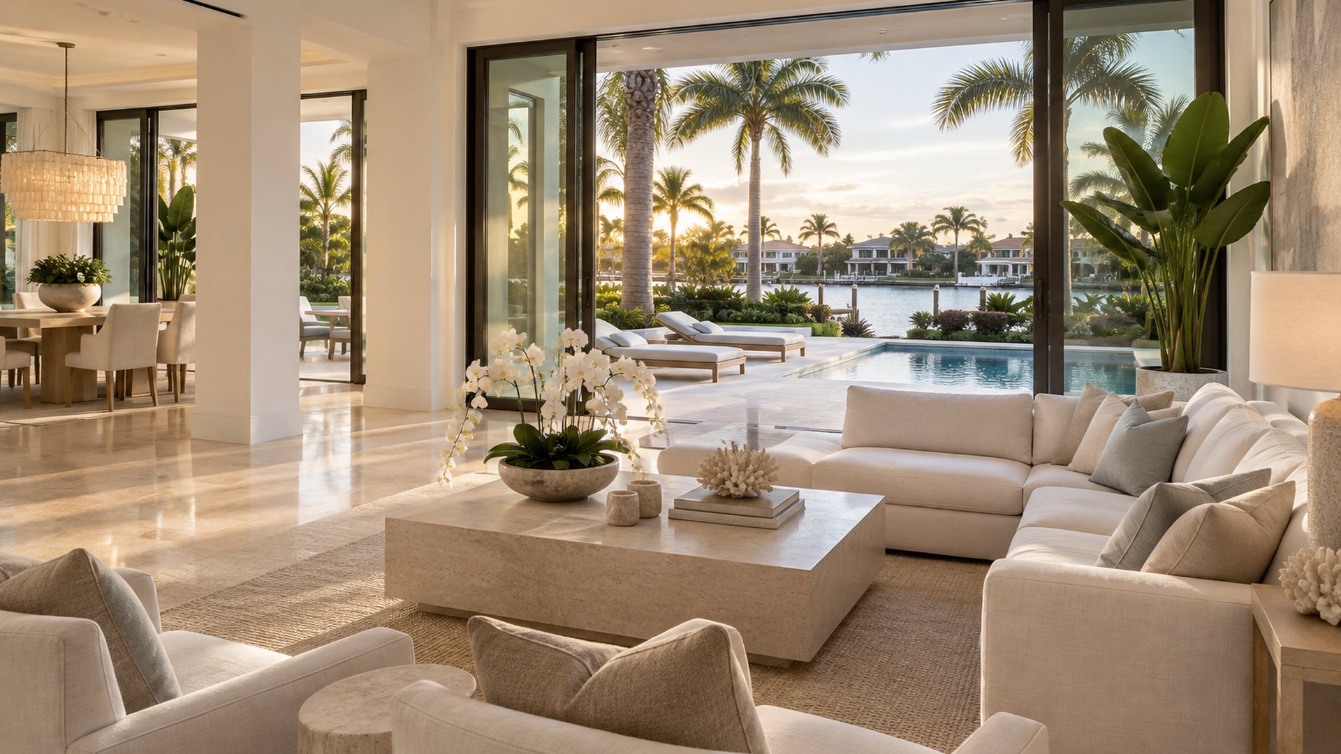 A bright Boca Raton living room opening to a pool terrace, illustrative
