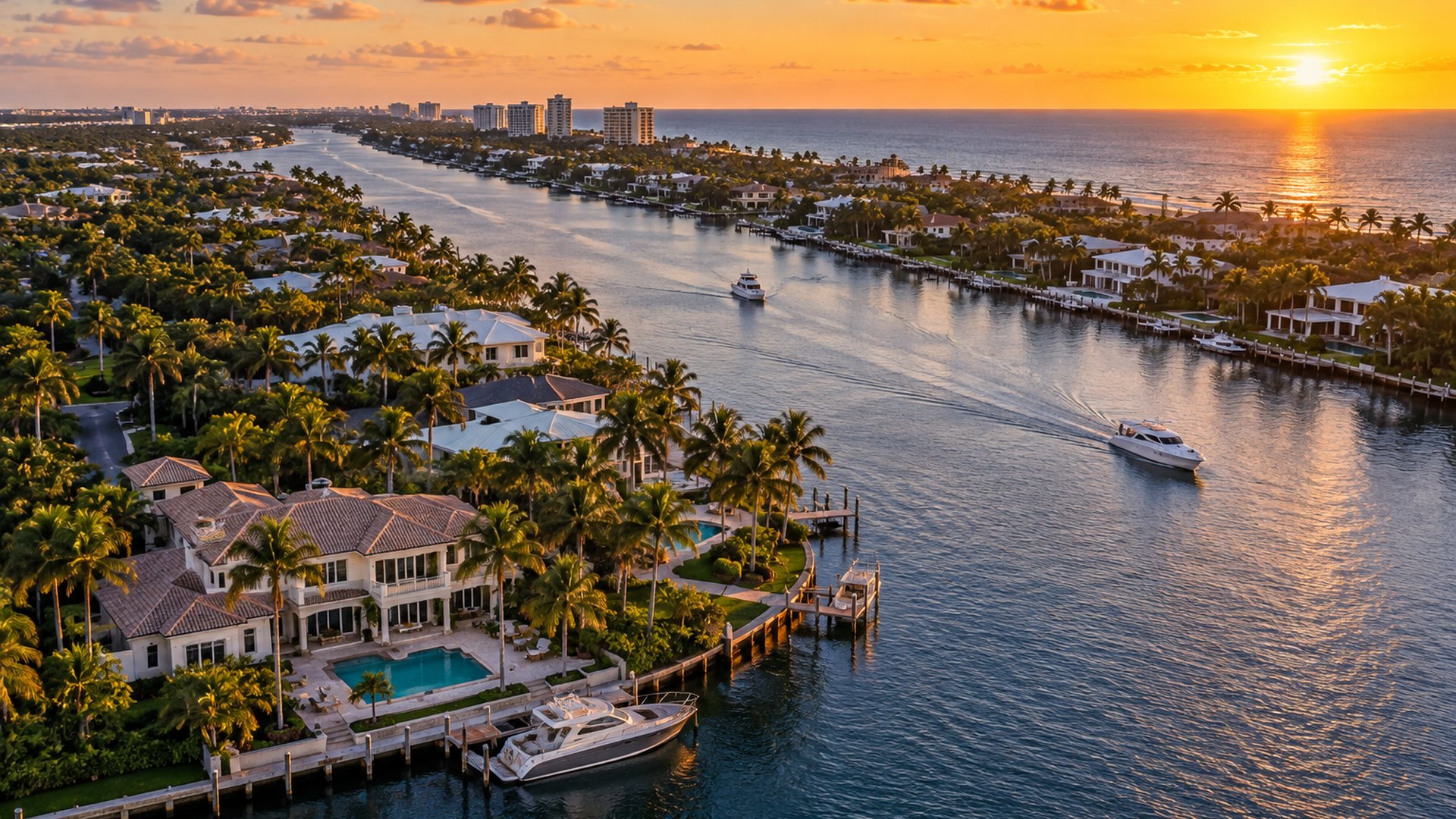 The Intracoastal Waterway in Delray Beach at golden hour, illustrative