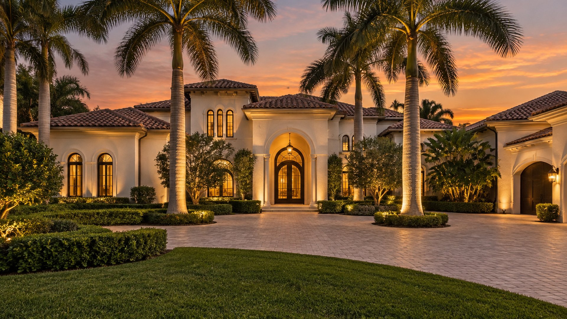 A Boca Raton Mediterranean estate at dusk, illustrative