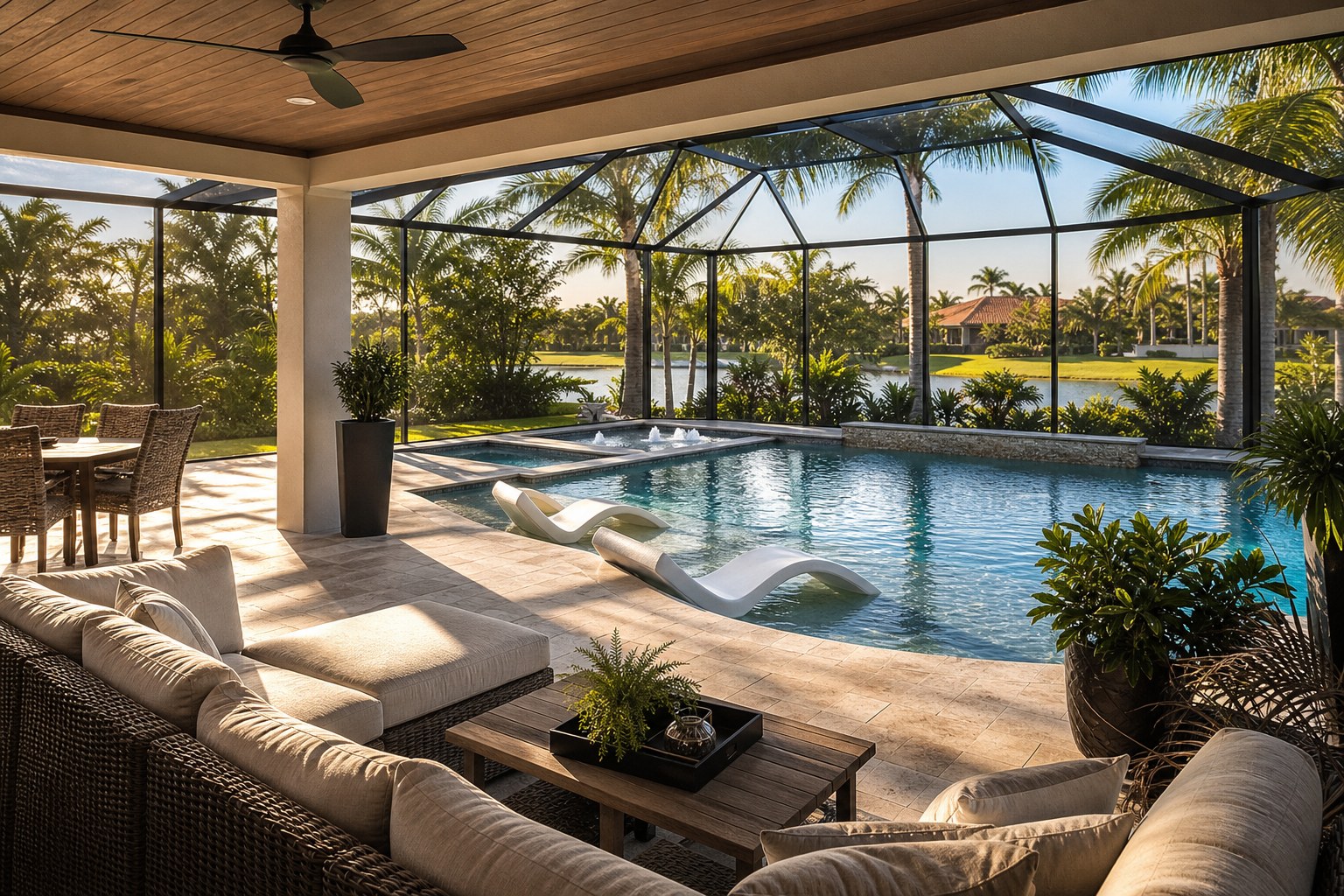 A South Florida pool terrace at golden hour, illustrative